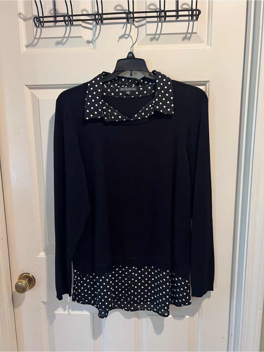 Adrianna Papell Black Polka Dot Layered-Look Sweater Top